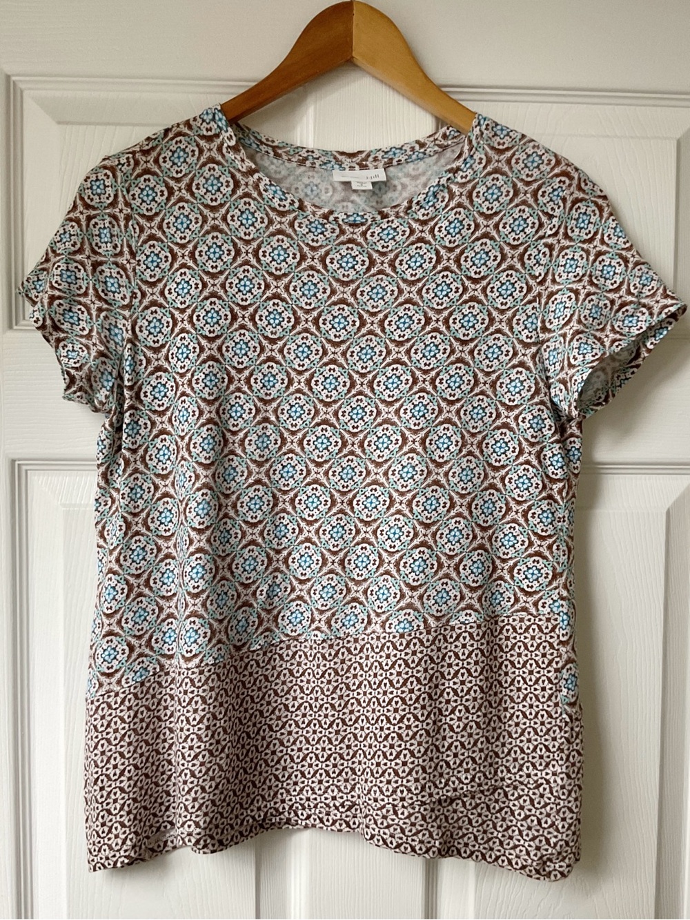 J Jill Love Linen Petite Small Medallion Print Top Blue Brown Linen